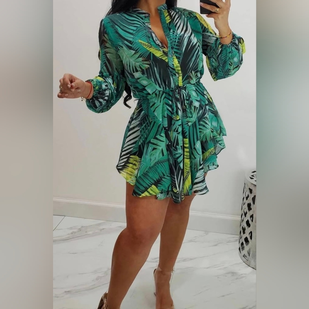 Asymmetrical Green Tropical Print Dress